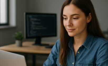 Professional woman working on website maintenance services using a laptop in a modern office environment, with coding screen and workspace in the background.